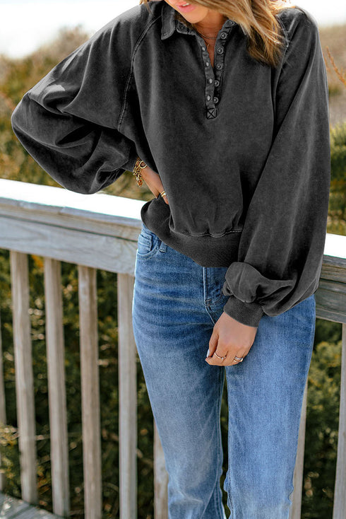 Lantern Sleeve Snap Button Placket Washed Pullover Casual Round Neck Sweatshirt